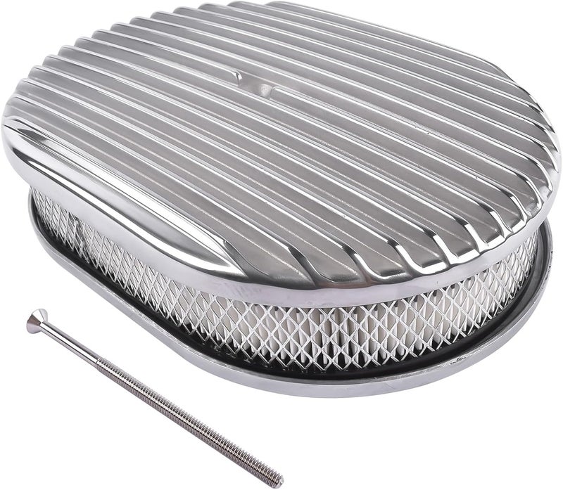 TEKKOAUTO 12" Oval Full Finned Air Cleaner Polished Aluminum Replacement for 5-1/8” Carburetors - Image 1